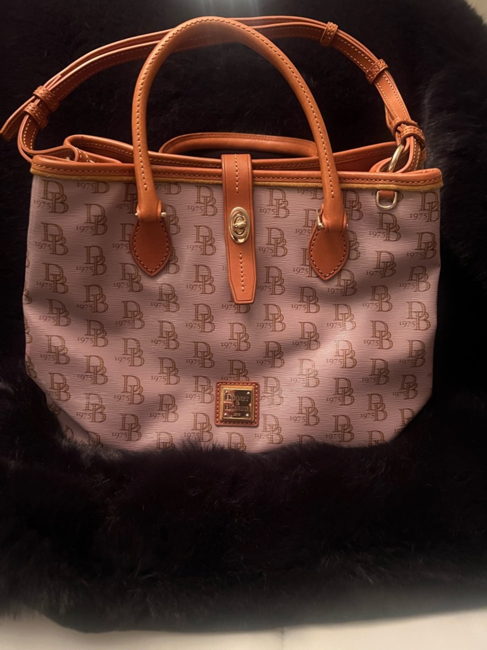 Dooney & Bourke Pink Logo Canvas Tote with Tan Leather Trim and Gold Hardware